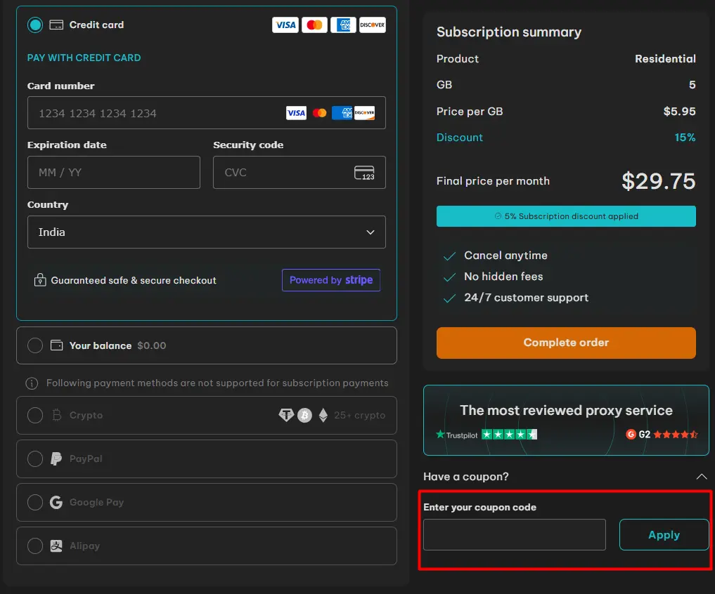 IPRoyal checkout page showing credit card form, payment options, and coupon code box for applying discounts.