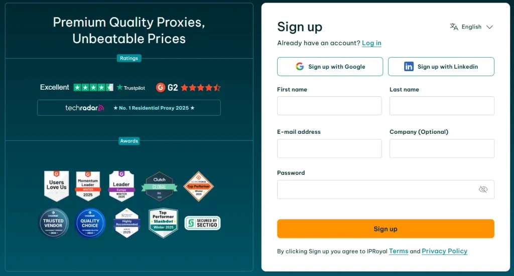 IPRoyal sign-up page with user form, Google/LinkedIn login, ratings from Trustpilot, G2, TechRadar, and award badges.